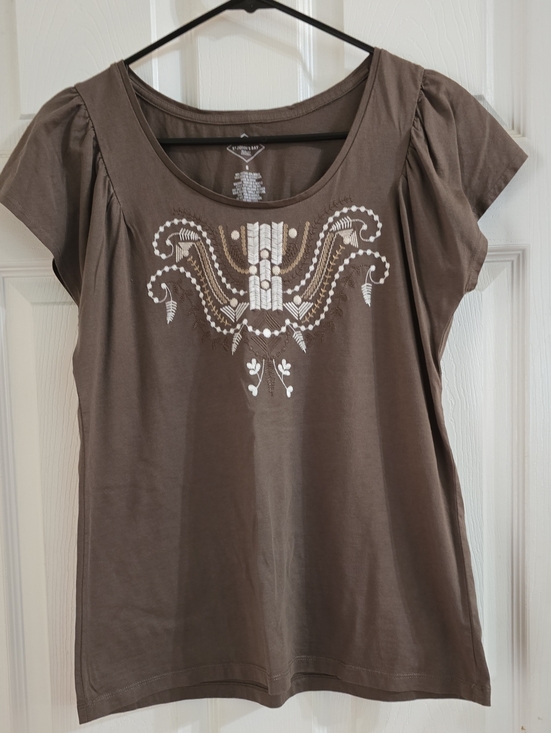 St. John's Bay Tops - St. John's Bay Brown Short Sleeve Scoop Neck Top with White Embroidery